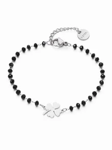 1 chiếc vòng tay trang trí bằng thép không gỉ hình cỏ ba lá và hạt cườm thời trang dành cho phụ nữ làm quà tặng ngày lễ tình nhân - Bạc - Xem 2