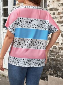 SHEIN LUNE Plus Leopard Print Colorblock Batwing Sleeve Tee