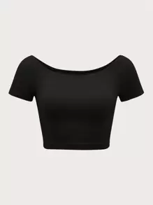 SHEIN Qutie Solid Off Shoulder Crop Tee - Black - View 1