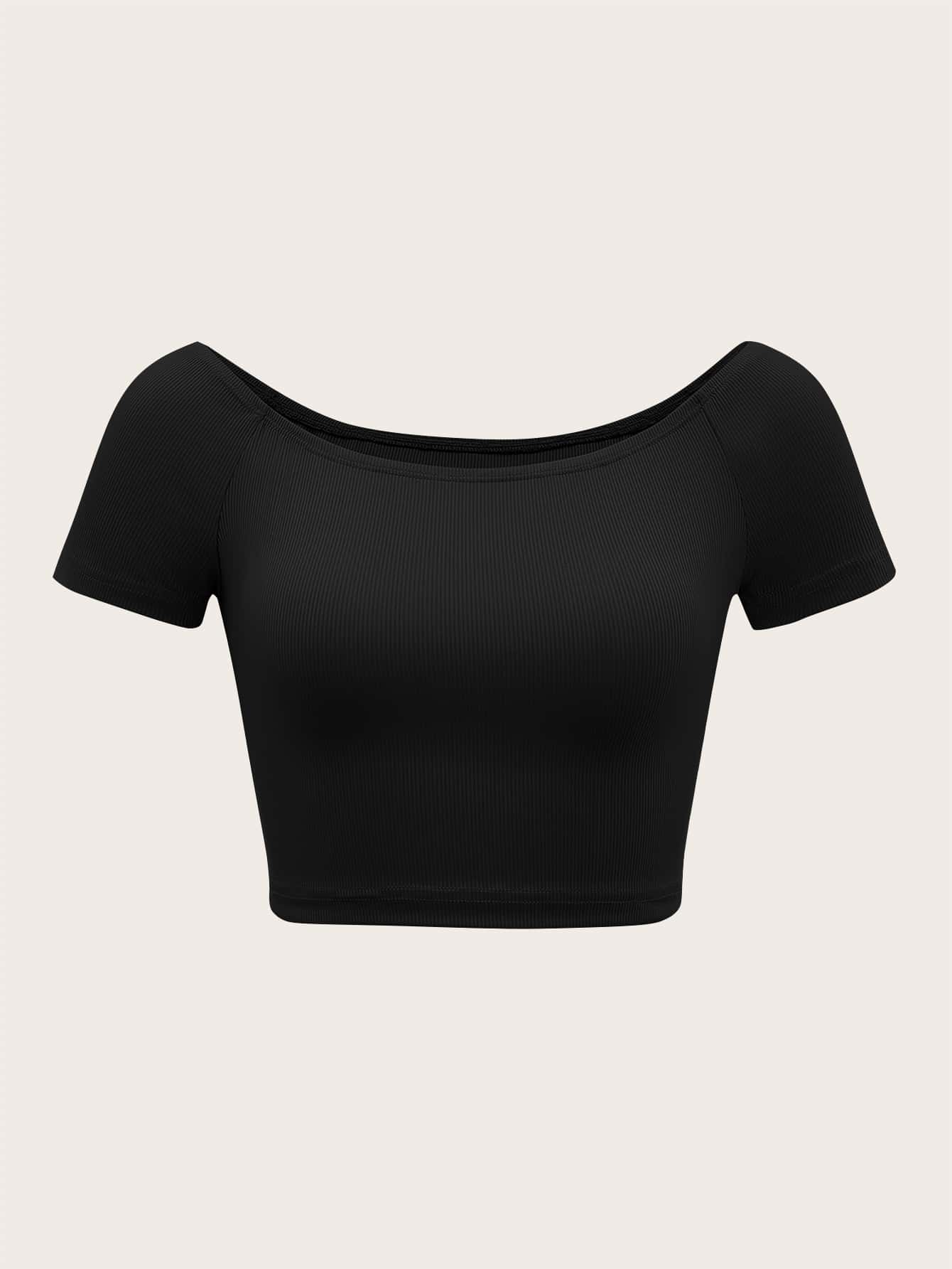 SHEIN Qutie Solid Off Shoulder Crop Tee - Black - View 1