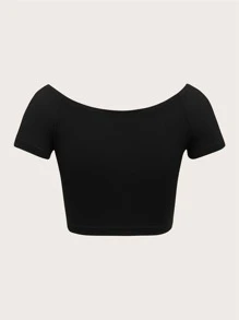 SHEIN Qutie Solid Off Shoulder Crop Tee - Black - View 2