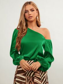 SHEIN BAE Asymmetrical Neck Lantern Sleeve Satin Top - Green - View 1