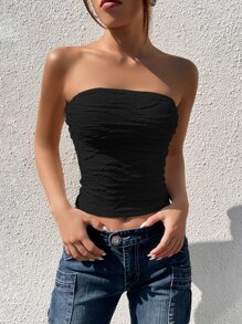 SHEIN EZwear Black Solid Textured Knit Crop Fashion Tube Top - Black - View 4