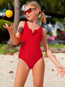 Girls Frill Notched Neck One Piece Swimsuit - Red - View 1