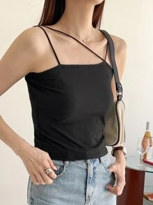 DAZY Asymmetrical Neck Rib-knit Cami Top