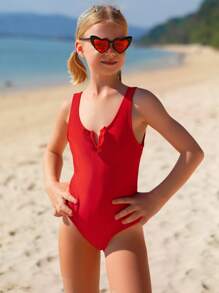 Girls Frill Notched Neck One Piece Swimsuit - Red - View 4