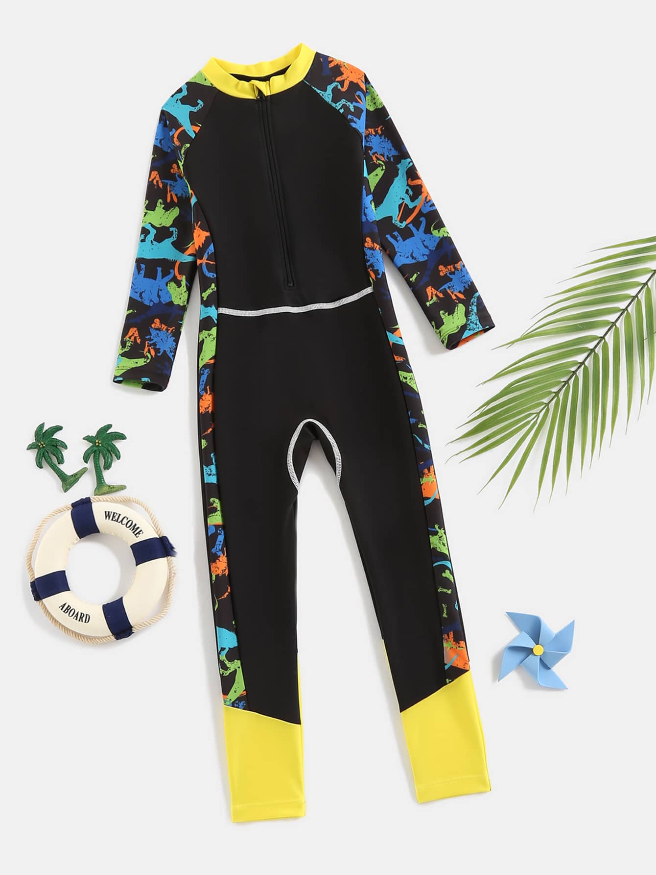 小男童恐龍印花前拉鍊連體泳衣 - 黑色 - 查看 1