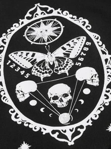 ROMWE Goth Top de tirantes estampado de cráneo con encaje en contraste - Negro - Ver 3