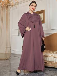 Al Najma 大碼蝴蝶結和幾何印花流蘇細節連帽連衣裙 - 藕粉色 - 查看 3