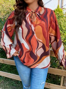 SHEIN LUNE Plus Allover Print Tie Neck Blouse - Multicolor - View 1