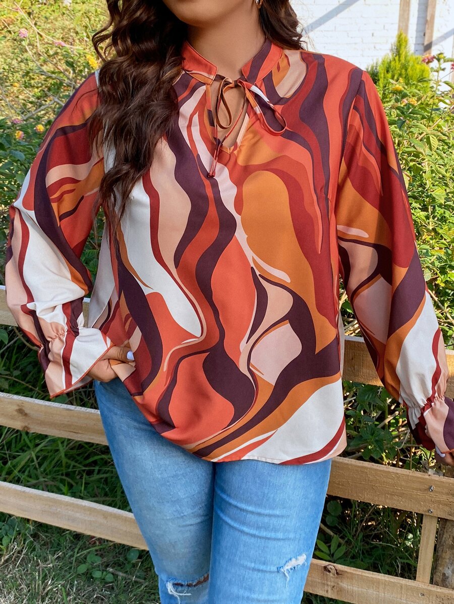 SHEIN LUNE Plus Allover Print Tie Neck Blouse - Multicolor - View 1