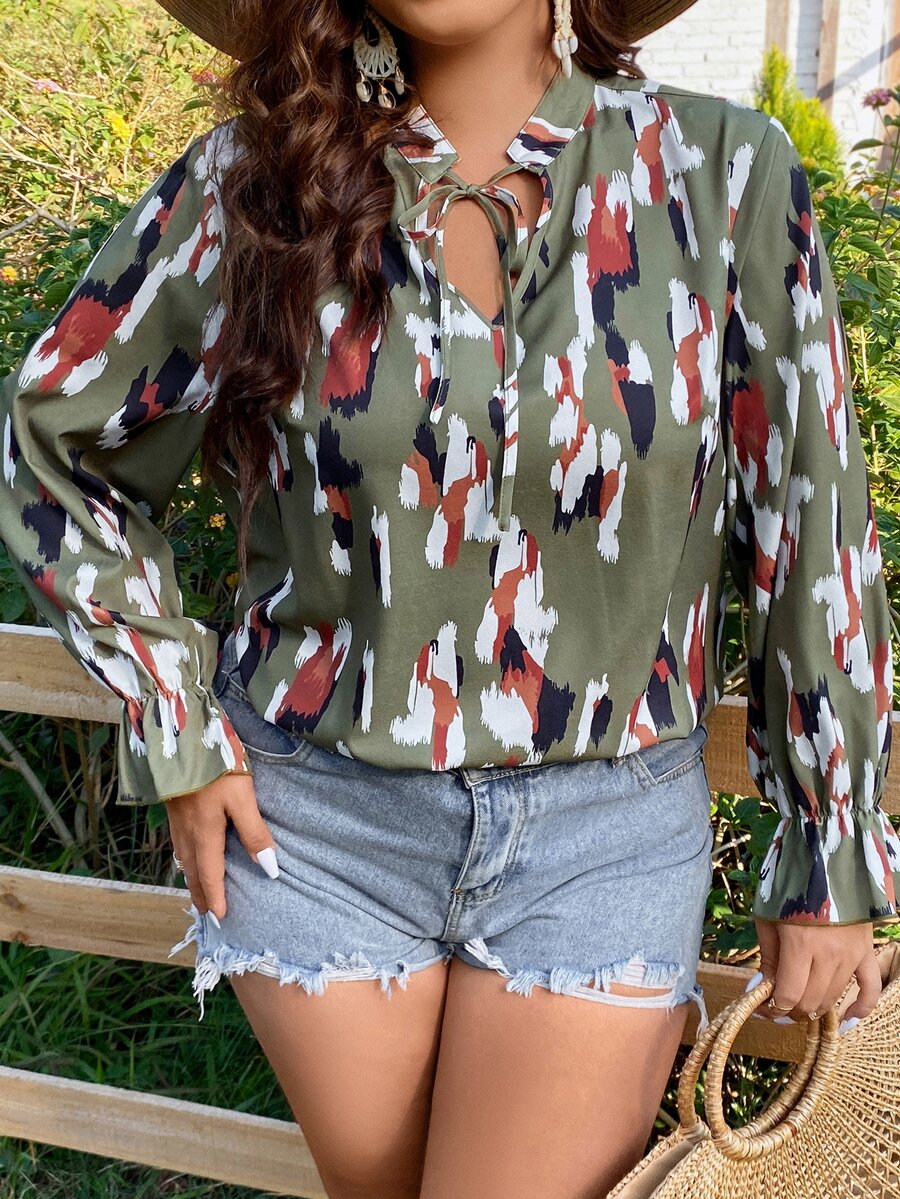 SHEIN LUNE Plus Graphic Print Flounce Sleeve Blouse - Multicolor - View 1