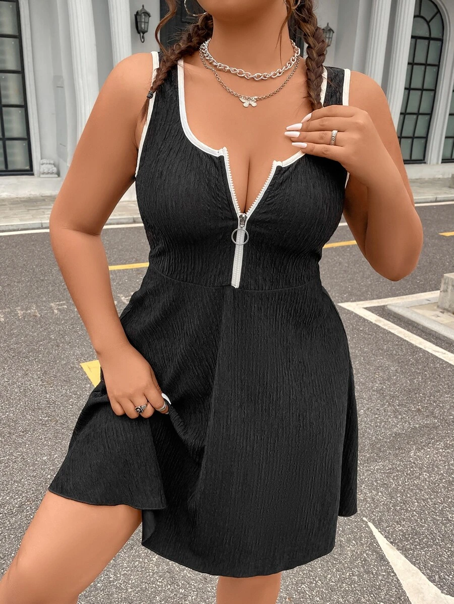 Flirla Đầm Plus Size Nhẫn Dây kéo Tương phản ràng buộc màu trơn Giải trí - màu đen - Xem 1