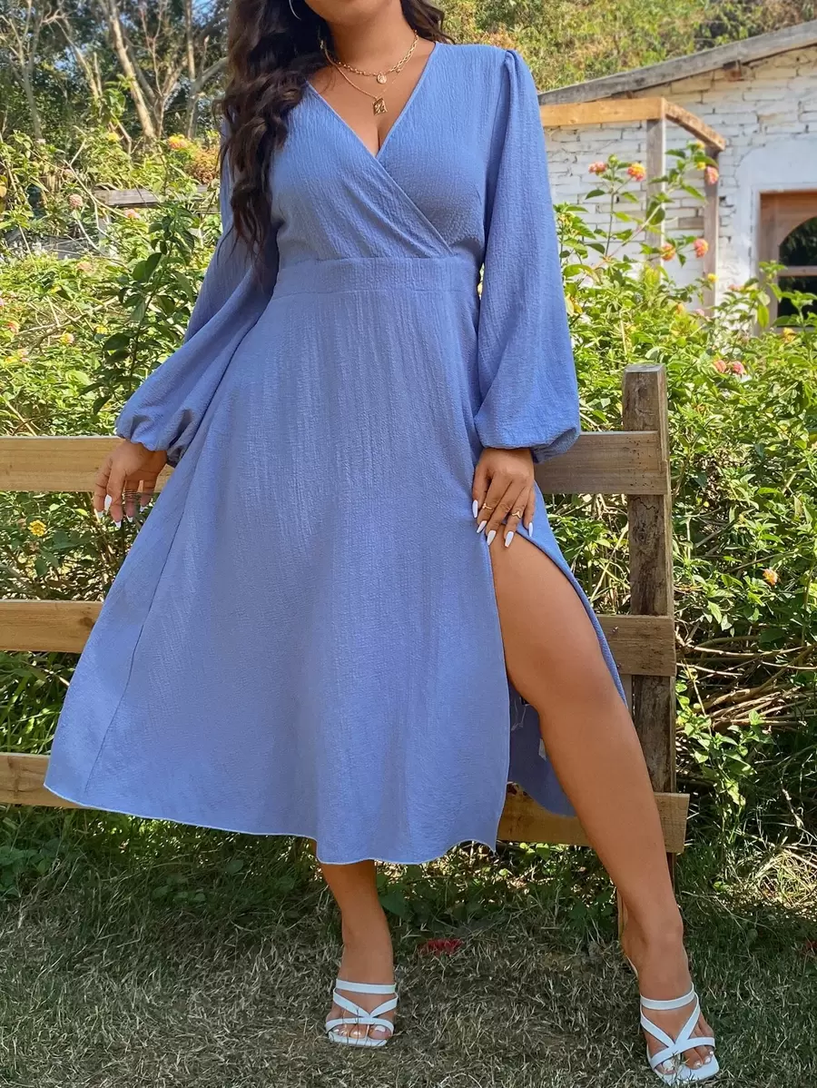 SHEIN LUNE Plus Lantern Sleeve Split Thigh Dress - Blue - View 1