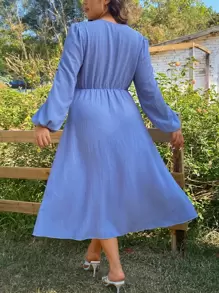 SHEIN LUNE Plus Lantern Sleeve Split Thigh Dress - Blue - View 2