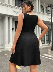 Flirla Đầm Plus Size Nhẫn Dây kéo Tương phản ràng buộc màu trơn Giải trí - màu đen - Xem 2