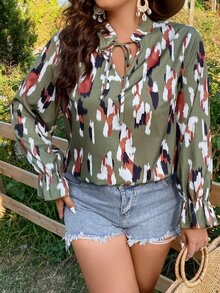 SHEIN LUNE Plus Graphic Print Flounce Sleeve Blouse - Multicolor - View 3