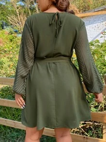 SHEIN LUNE Đầm Plus Size Thắt lưng Cắt ra màu trơn Giải trí - xanh quân đội - Xem 2