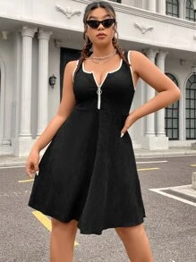 Flirla Đầm Plus Size Nhẫn Dây kéo Tương phản ràng buộc màu trơn Giải trí - màu đen - Xem 3