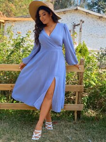 SHEIN LUNE Plus Lantern Sleeve Split Thigh Dress - Blue - View 3