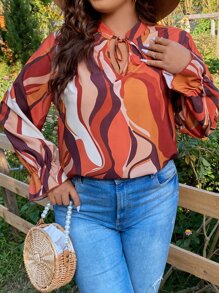 SHEIN LUNE Plus Allover Print Tie Neck Blouse - Multicolor - View 4