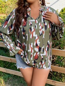 SHEIN LUNE Plus Graphic Print Flounce Sleeve Blouse - Multicolor - View 4