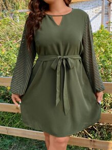 SHEIN LUNE Đầm Plus Size Thắt lưng Cắt ra màu trơn Giải trí - xanh quân đội - Xem 4