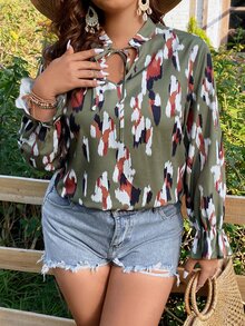 SHEIN LUNE Plus Graphic Print Flounce Sleeve Blouse - Multicolor - View 5