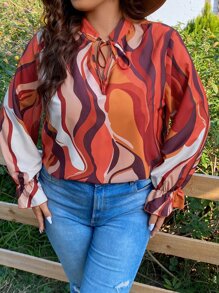 SHEIN LUNE Plus Allover Print Tie Neck Blouse - Multicolor - View 5