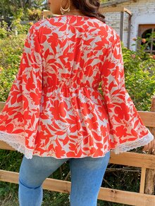 SHEIN Holidaya Plus Floral Print Guipure Lace Insert Blouse - Multicolor - View 2