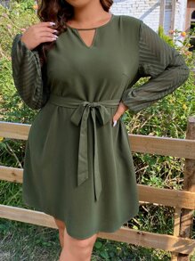 SHEIN LUNE Đầm Plus Size Thắt lưng Cắt ra màu trơn Giải trí - xanh quân đội - Xem 5