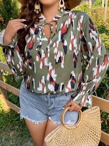 SHEIN LUNE Plus Graphic Print Flounce Sleeve Blouse - Multicolor - View 6