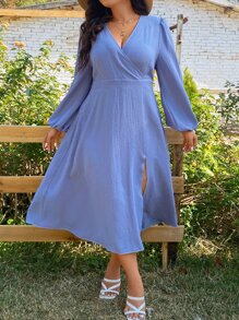 SHEIN LUNE Plus Lantern Sleeve Split Thigh Dress - Blue - View 5