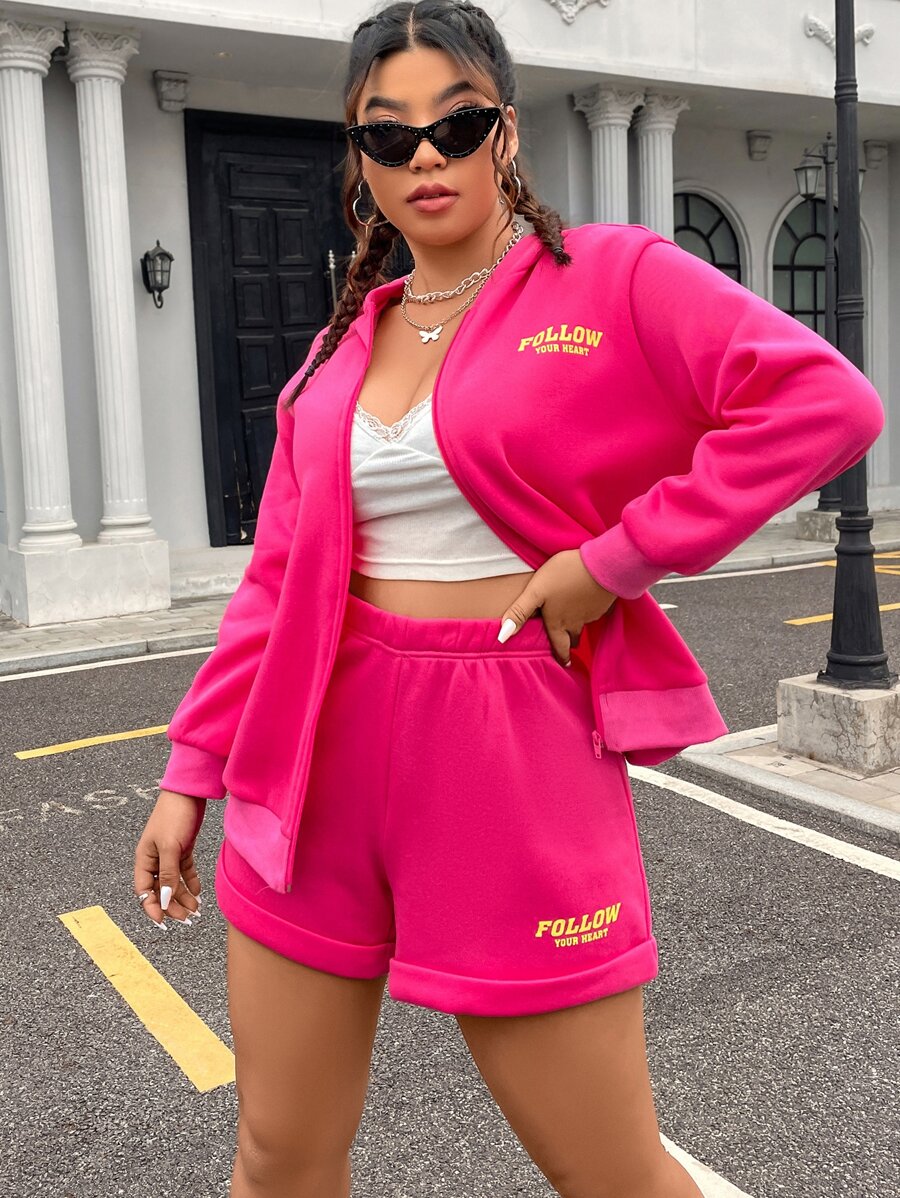 Flirla Plus Letter Graphic Drop Shoulder Hoodie & Track Shorts - Hot Pink - View 1