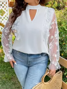 SHEIN LUNE Plus Contrast Floral Mesh Flounce Sleeve Keyhole Neck Blouse - White - View 1