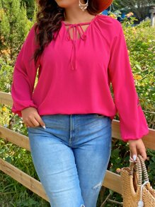 SHEIN Holidaya Plus Tie Neck Lantern Sleeve Blouse - Hot Pink - View 1
