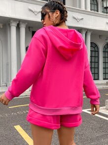 Flirla Plus Letter Graphic Drop Shoulder Hoodie & Track Shorts - Hot Pink - View 2