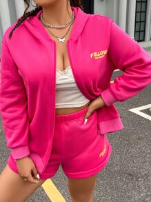 Flirla Plus Letter Graphic Drop Shoulder Hoodie & Track Shorts - Hot Pink - View 3