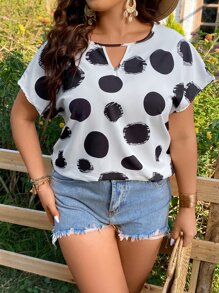 SHEIN LUNE Plus Polka Dot Keyhole Neckline Batwing Sleeve Blouse - Black and White - View 3