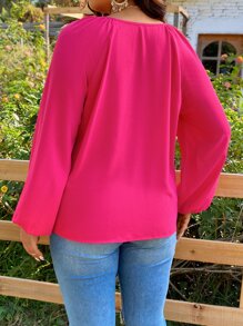SHEIN Holidaya Plus Tie Neck Lantern Sleeve Blouse - Hot Pink - View 2