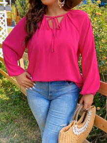 SHEIN Holidaya Plus Tie Neck Lantern Sleeve Blouse - Hot Pink - View 3