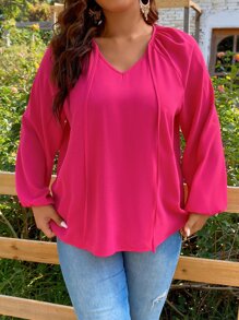 SHEIN Holidaya Plus Tie Neck Lantern Sleeve Blouse - Hot Pink - View 4