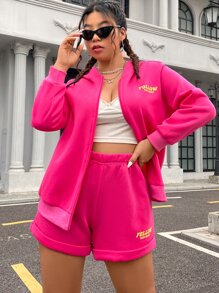 Flirla Plus Letter Graphic Drop Shoulder Hoodie & Track Shorts - Hot Pink - View 5