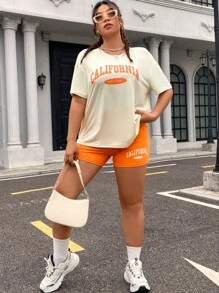 Flirla Plus Letter Graphic Drop Shoulder Tee & Shorts - Multicolor - View 5