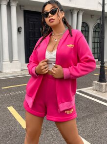 Flirla Plus Letter Graphic Drop Shoulder Hoodie & Track Shorts - Hot Pink - View 6