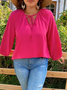 SHEIN Holidaya Plus Tie Neck Lantern Sleeve Blouse - Hot Pink - View 5