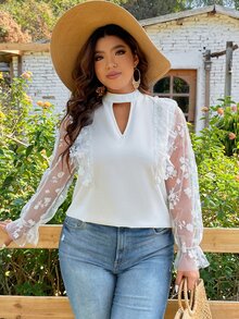 SHEIN LUNE Plus Contrast Floral Mesh Flounce Sleeve Keyhole Neck Blouse - White - View 5