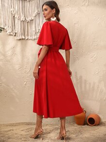 Breezaya 交疊領蝴蝶袖側打結圍裹洋裝 - 紅色 - 查看 2