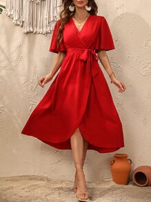 Breezaya 交疊領蝴蝶袖側打結圍裹洋裝 - 紅色 - 查看 3