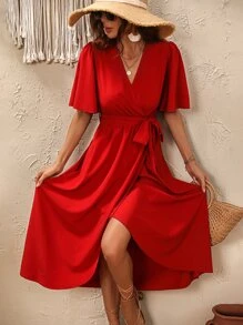 Breezaya 交疊領蝴蝶袖側打結圍裹洋裝 - 紅色 - 查看 4